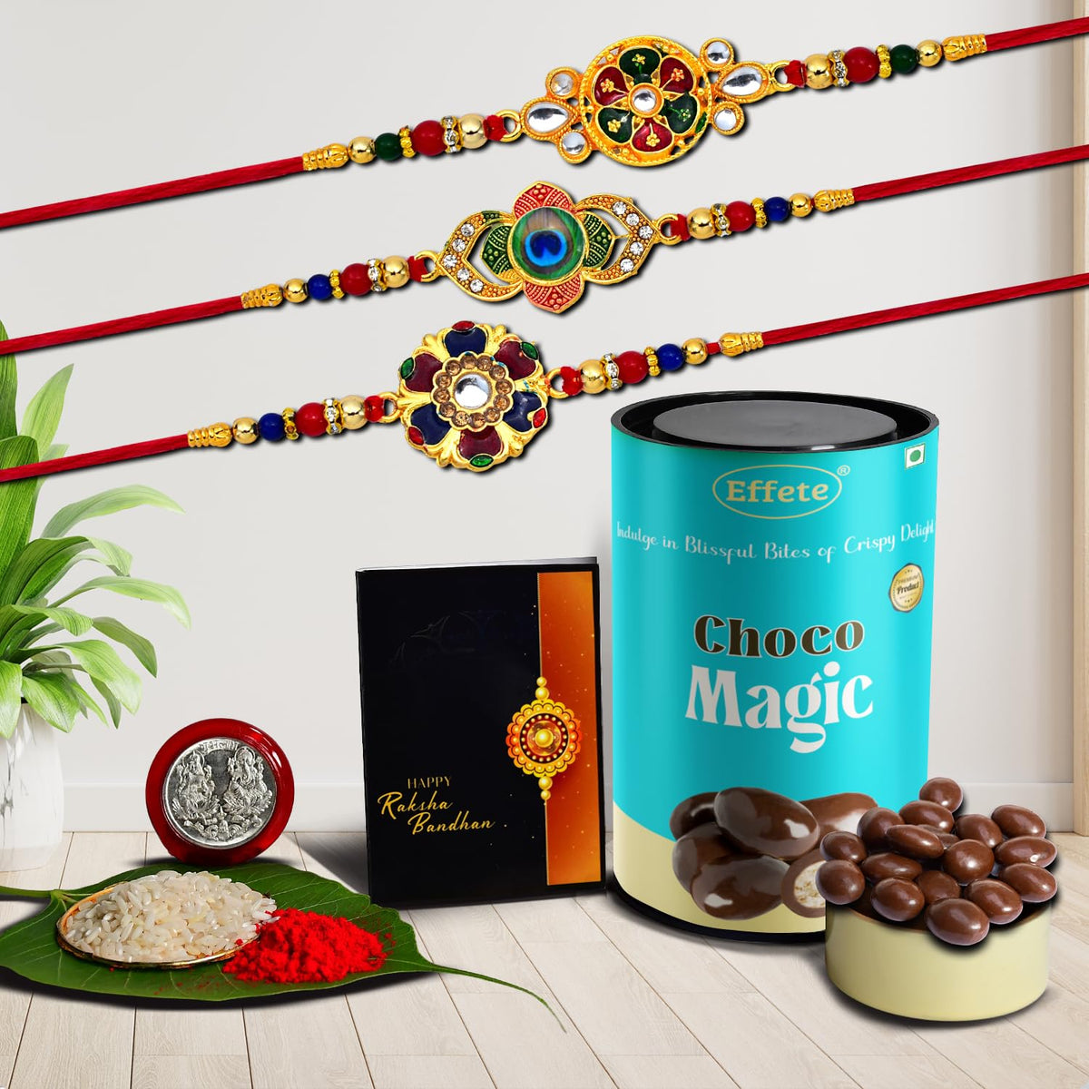 (K3_549+550+551_CM) Rakhi Combo with Chocolate Magic, Rakhi for brother with gift, chocolate gift pack, rakhi with Chocolate Gift Hemper, Fancy Rakhis for men, Set of 3 Rakhi