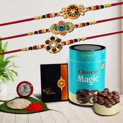 (K3_549+550+551_CM) Rakhi Combo with Chocolate Magic, Rakhi for brother with gift, chocolate gift pack, rakhi with Chocolate Gift Hemper, Fancy Rakhis for men, Set of 3 Rakhi