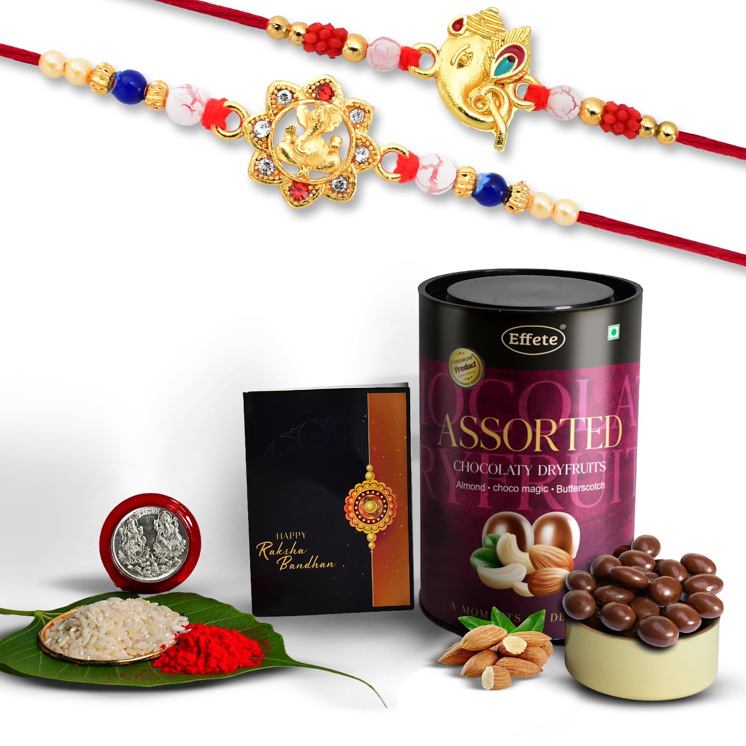 (K2_14+15_AS) Rakhi Combo with Assorted Chocolate Dryfruits 96gm | stylish rakhi for brother | Rakhi & Chocolate for brother | rakhi brother | rakhi with gift | handmade rakhi | Set of 2