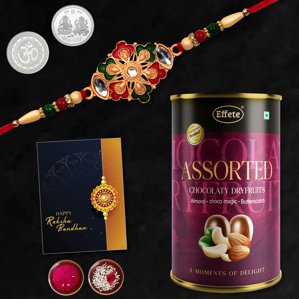(K1_426_AS) Rakhi Combo with Assorted Chocolate Dryfruits 96gm, stylish rakhi for brother, Rakhi & Chocolate for brother, rakhi brother, rakhi with gift, handmade rakhi, Set of 1 Rakhi