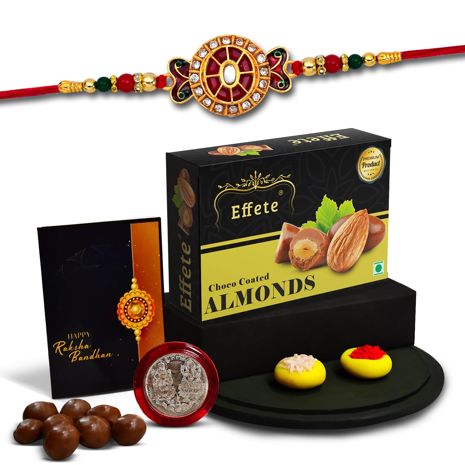(K1_532_CA32) Rakhi with Chocolate Almonds 32gm| Rakhi for brother with gift | handmade rakhi |rakhi combo for brother | stylish rakhi for brother | Set of 1 Rakhi |