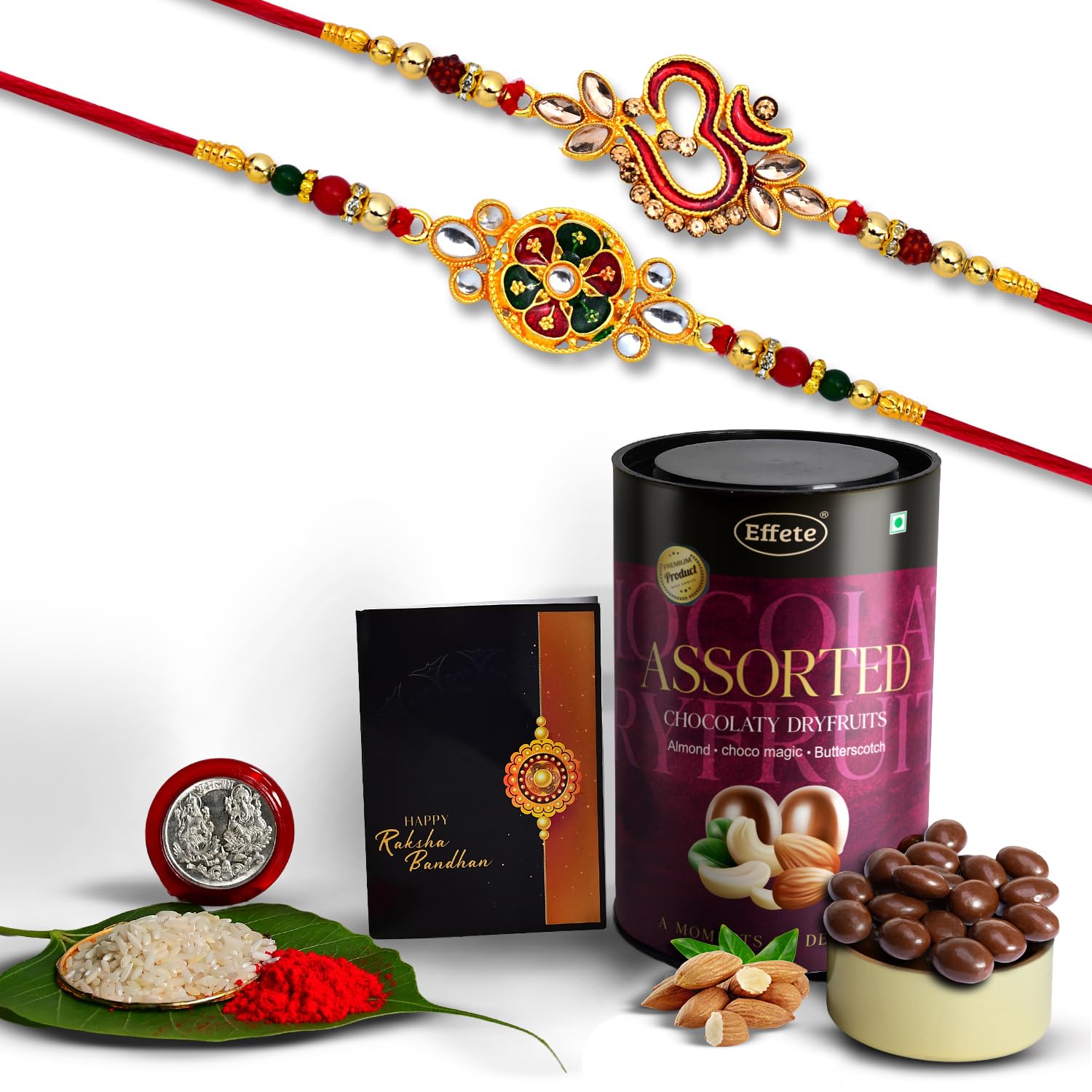 (K2_551+552_AS) Rakhi Combo with Assorted Chocolate Dryfruits 96gm, stylish rakhi for brother, Rakhi & Chocolate for brother, rakhi brother, rakhi with gift, handmade rakhi, Set of 2 Rakhi