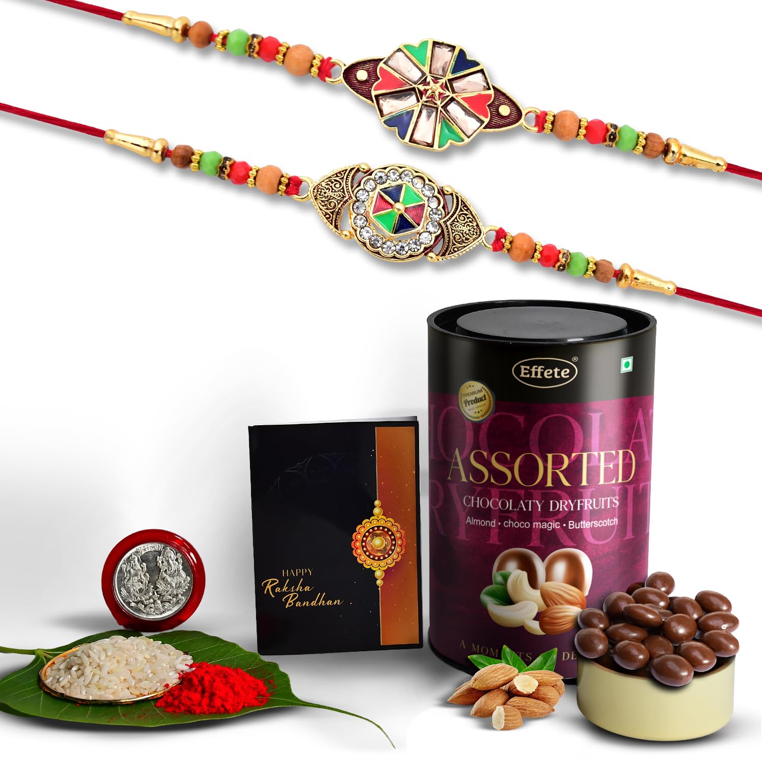 (K2_416+417_AS) Rakhi Combo with Assorted Chocolate Dryfruits 96gm| Rakhi for brother with gift | chocolate gift pack |rakhi with Chocolate Gift Hemper | Fancy Rakhi for men | Set of 2 |