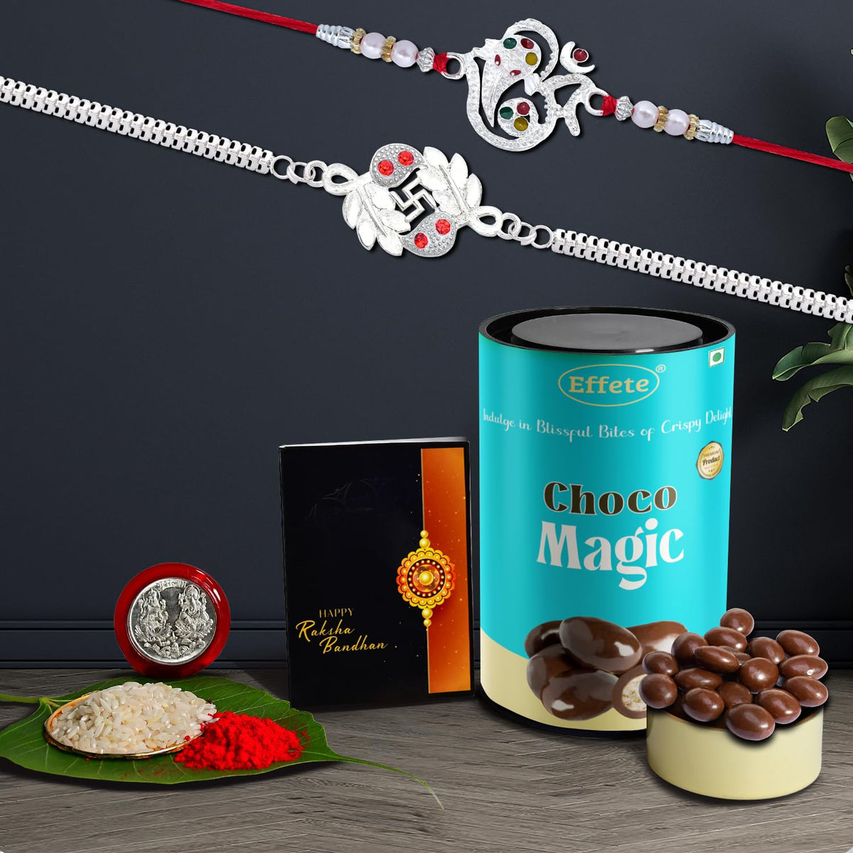 (K2_A8+A45_CM) Rakhi Combo with Chocolate Magic, Rakhi for brother with gift, chocolate gift pack, rakhi with Chocolate Gift Hemper, Fancy Rakhis for men, Set of 2 Rakhi