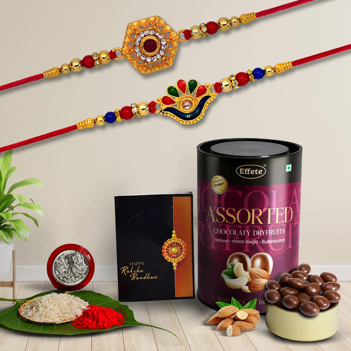 (K2_313+314_AS) Rakhi Combo with Assorted Chocolate Dryfruits 96gm| Rakhi for brother with gift | chocolate gift pack |rakhi with Chocolate Gift Hemper | Fancy Rakhi for men | Set of 2 |