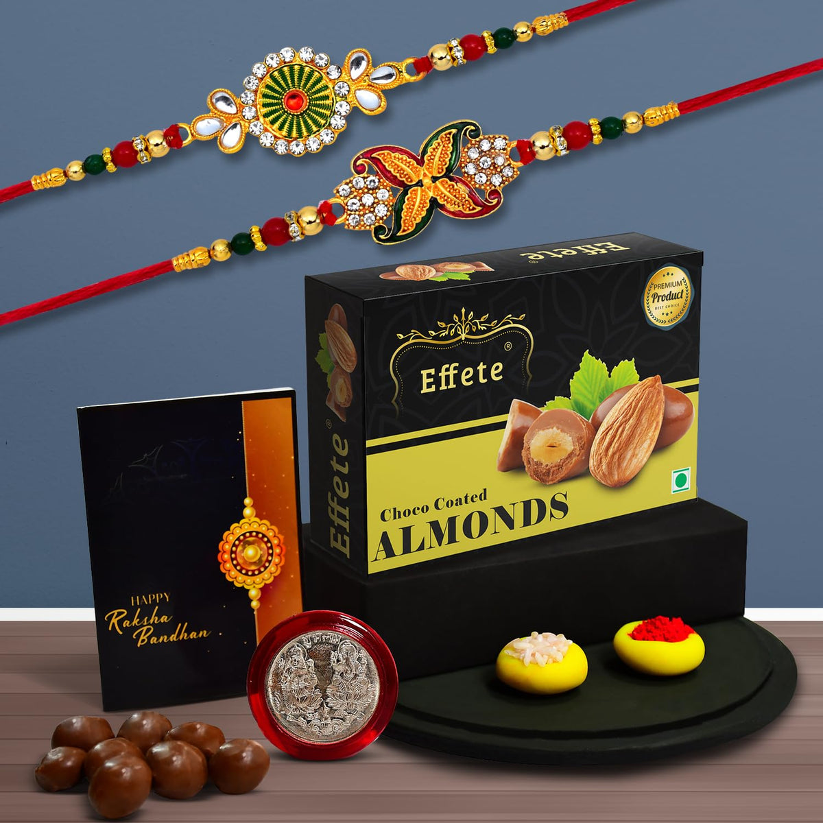 (K2_547+548_CA32) Rakhi Combo & Chocolate Almonds 32gm| Rakhi & Chocolate for brother | Fancy Rakhis for men stylish | rakhi with gift | Rakhi Combo | Set of 2 |  Chocolate