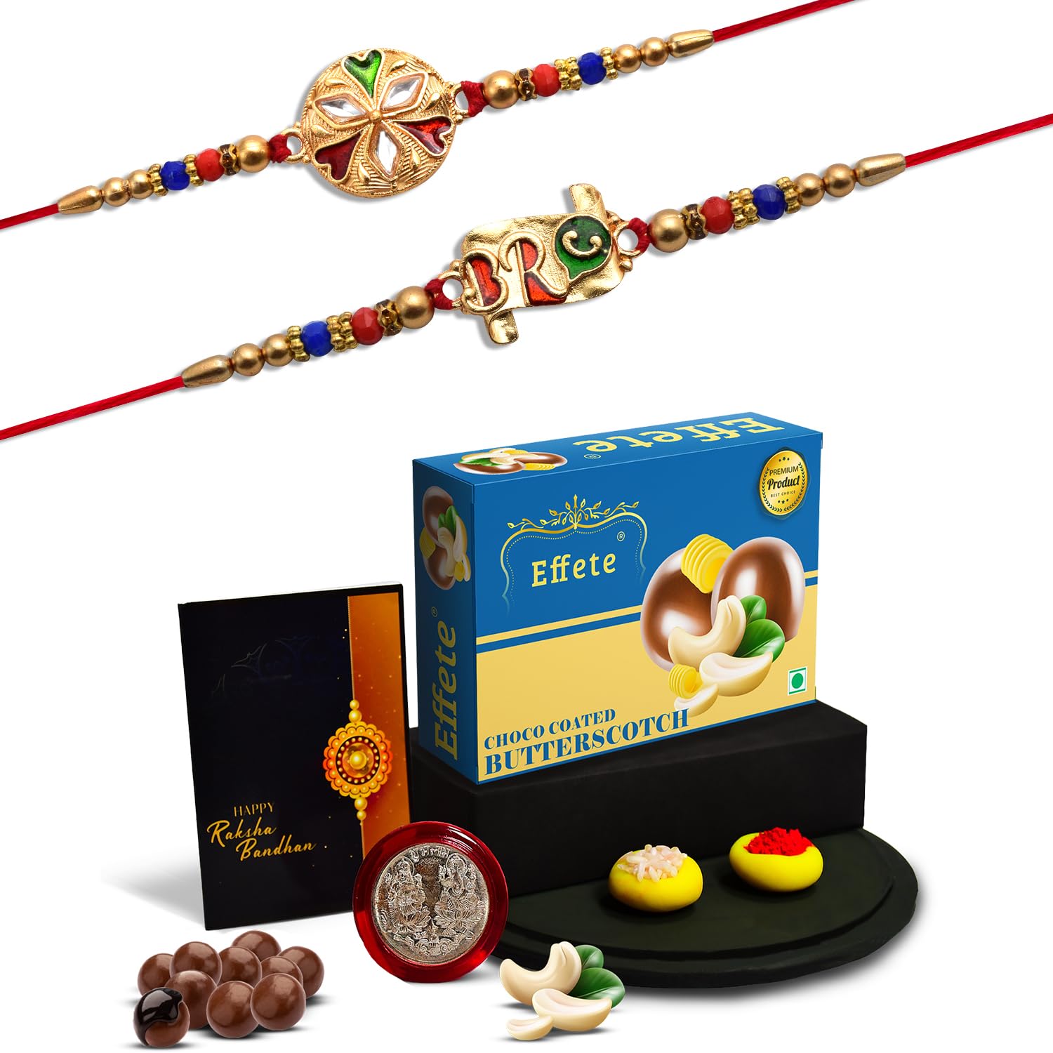 (K2_125+126_Bs32) Multicolor Rakhi Chocolate Butter Scotch 32Gm, Silver Color Pooja Coin, Roli Chawal & Greeting Card, Rakhi Combo Brother, Stylish Rakhi Brother, Set Of 2 Rakhi