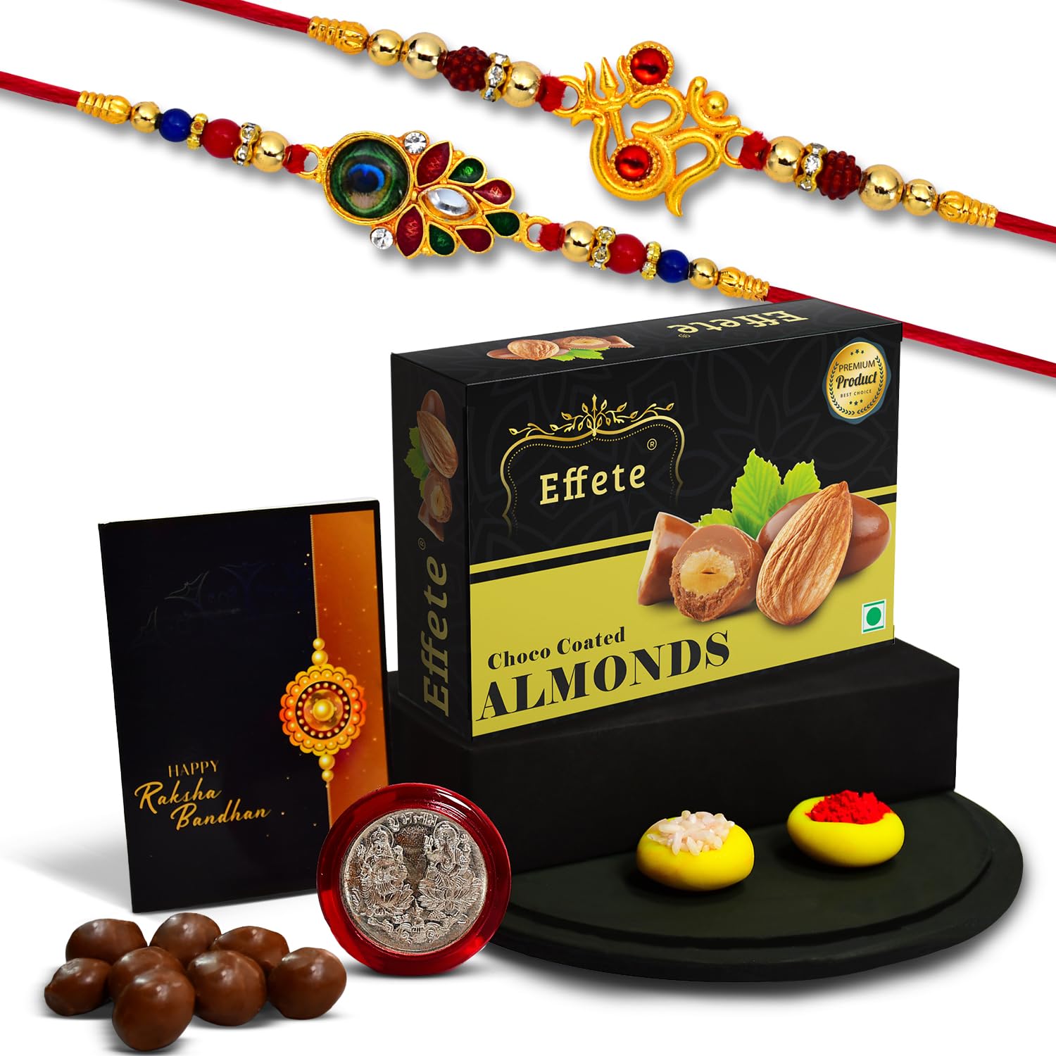 (K2_317+319_CA32) Rakhi Combo with Chocolate Almonds 32gm, Rakhi for brother with gift, chocolate gift pack, rakhi with Chocolate Gift Hemper, Fancy Rakhis for men, Set of 2 Rakhi