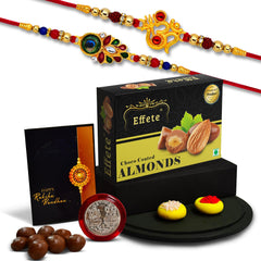 (K2_317+319_CA32) Rakhi Combo with Chocolate Almonds 32gm, Rakhi for brother with gift, chocolate gift pack, rakhi with Chocolate Gift Hemper, Fancy Rakhis for men, Set of 2 Rakhi