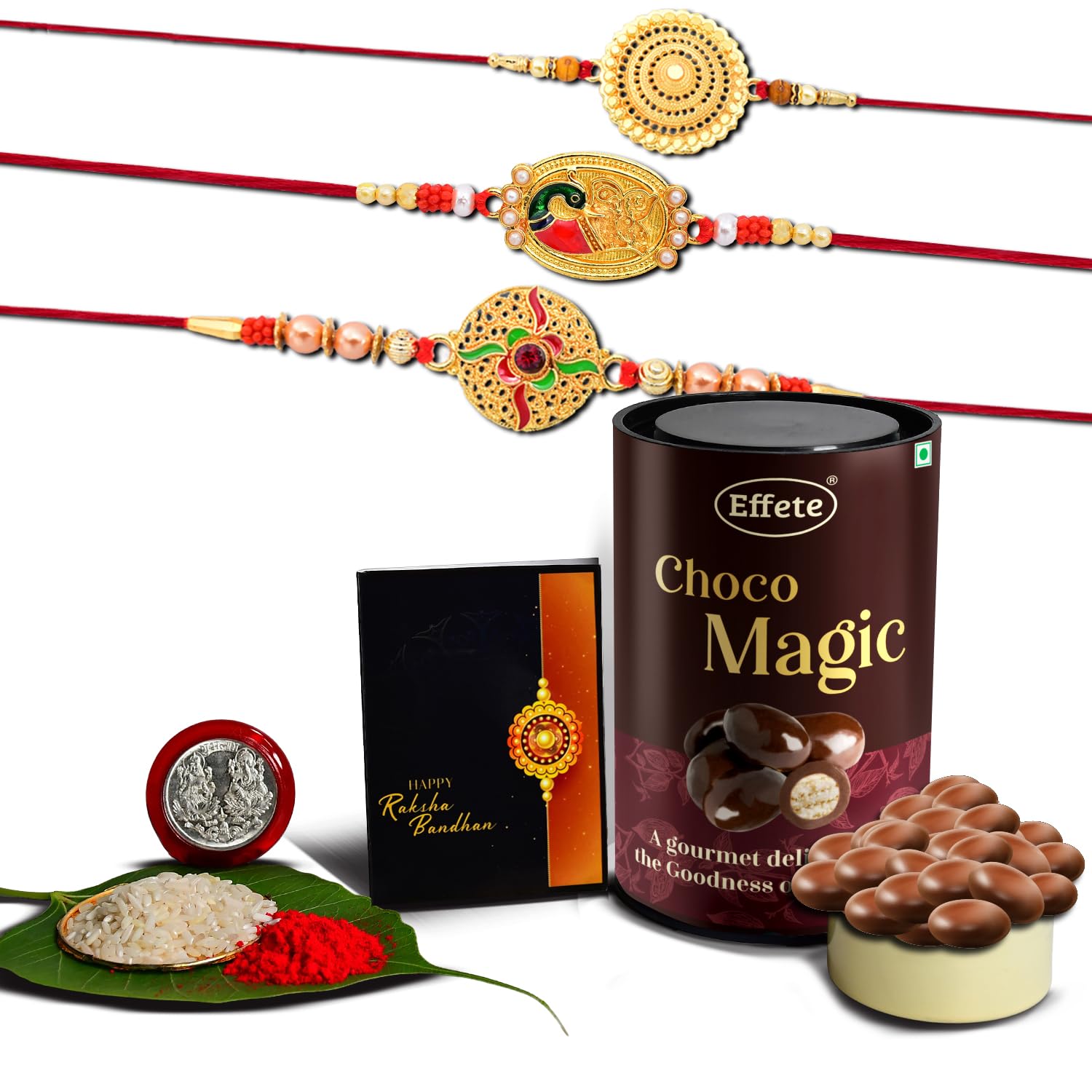 (K3_362+401+402_EM) Rakhi Combo with Chocolate Magic, Rakhi & Chocolate for brother, Fancy Rakhis for men stylish, rakhi with gift, Rakhi Combo, Set of 3,  Chocolate