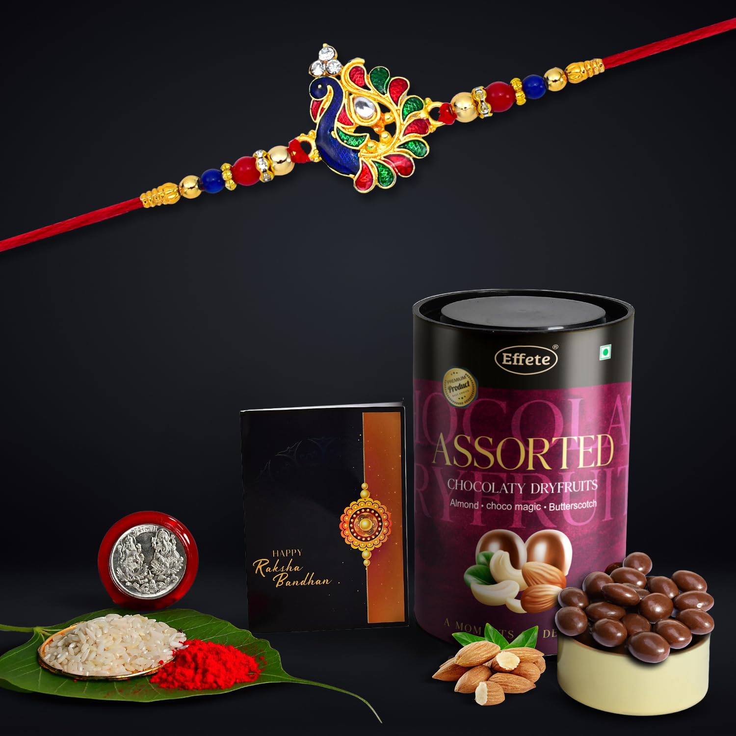 (K1_298_AS) Rakhi Combo with Assorted Chocolate Dryfruits 96gm| Rakhi for brother with gift | Fancy Rakhis for men stylish |rakhi combo for brother | Set of 1 Rakhi | Chocolate |