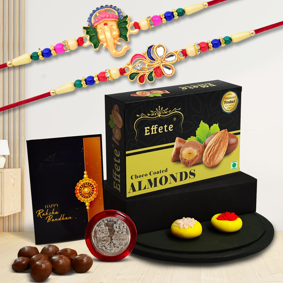 (K2_555+556_CA32) Rakhi Combo with Chocolate Almonds 32gm, stylish rakhi for brother, Rakhi & Chocolate for brother, rakhi brother, rakhi with gift, handmade rakhi, Set of 2 Rakhi