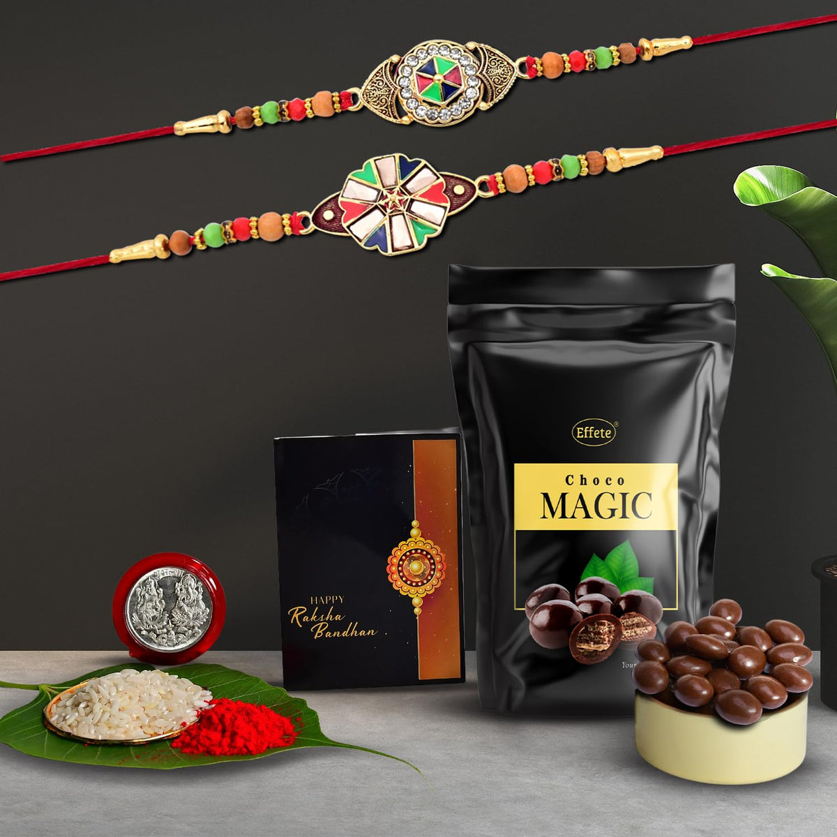 (K2_416+417_SM) Rakhi Combo with Choco Magic (Pouch), Rakhi & Chocolate for brother, Rakhi with chocolate, rakhi with gift, Rakhi Combo, Set of 2 Rakhi, Chocolate