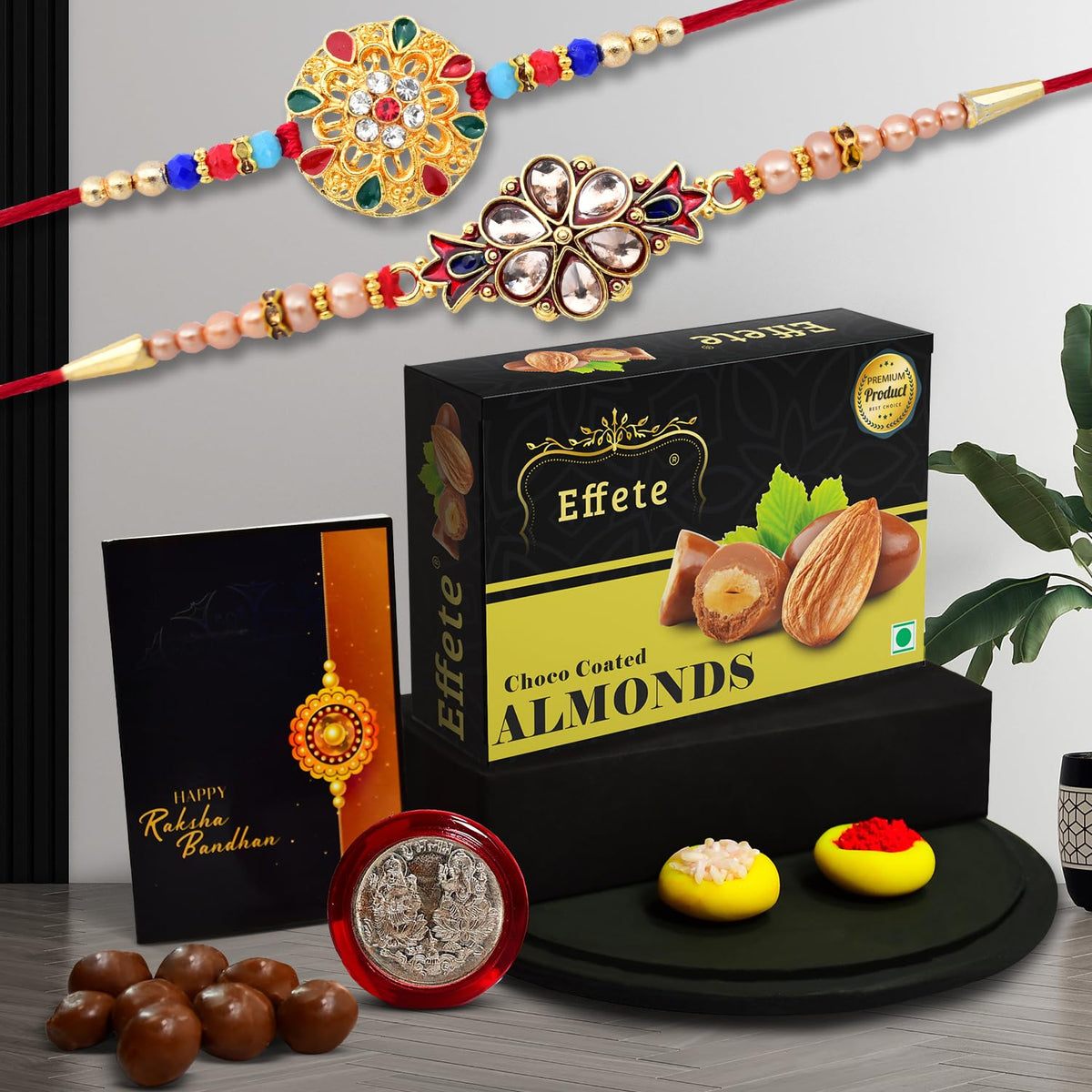 (K2_429+430_CA32) Rakhi with Chocolate Almonds 32gm| Rakhi for brother with gift | handmade rakhi |rakhi combo for brother | stylish rakhi for brother | Set of 2 Rakhi |