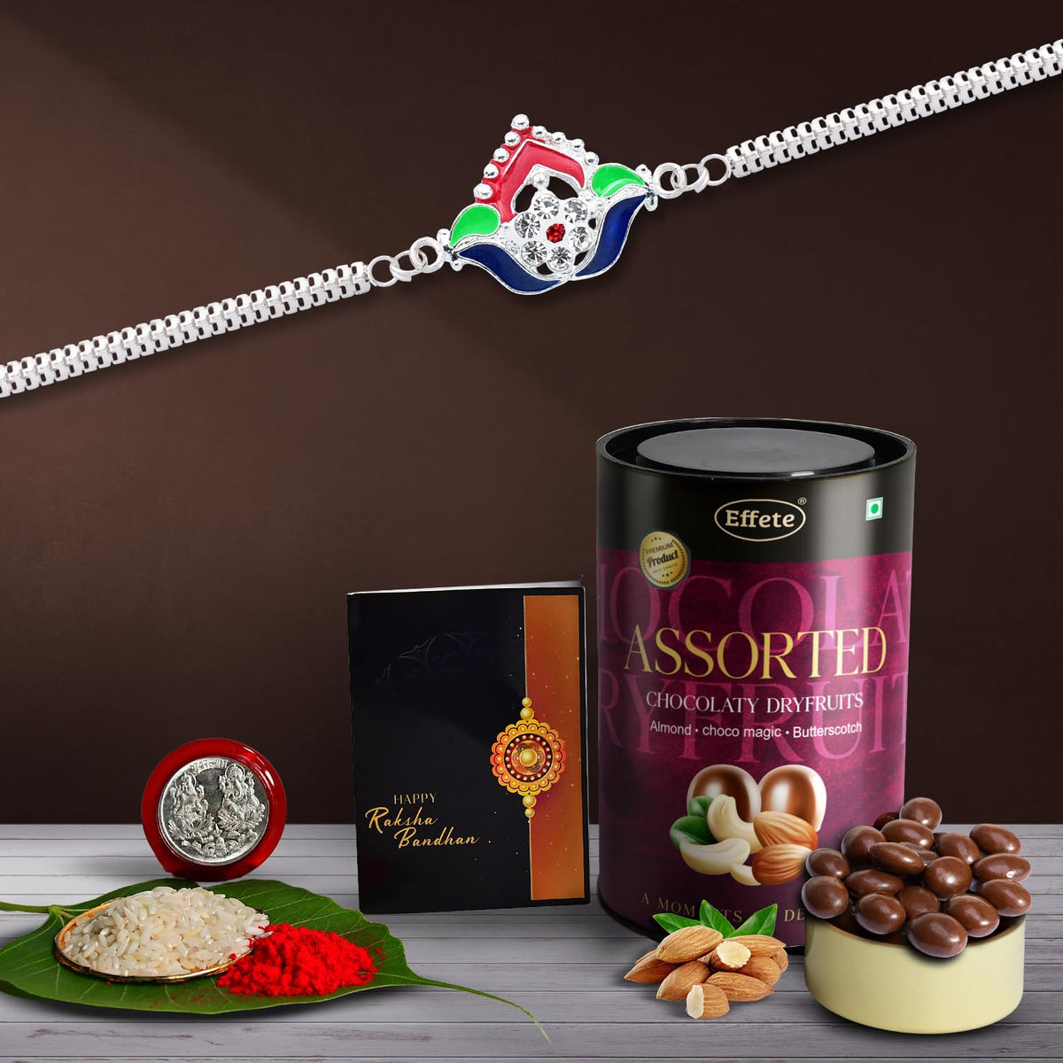 (K1_C9_AS) Rakhi Combo with Assorted Chocolate Dryfruits 96gm, Rakhi for brother with gift, chocolate gift pack, rakhi with Chocolate Gift Hemper, Fancy Rakhis for men, Set of 1 Rakhi