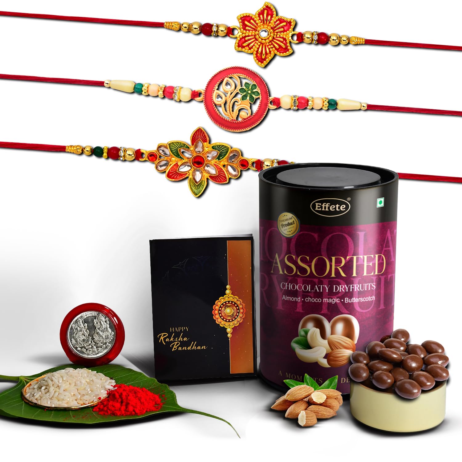 (K3_518+522+526_AS) Rakhi Combo with Assorted Chocolate Dryfruits 96gm | stylish rakhi for brother | Rakhi & Chocolate for brother | rakhi brother | rakhi with gift | handmade rakhi | Set of 3