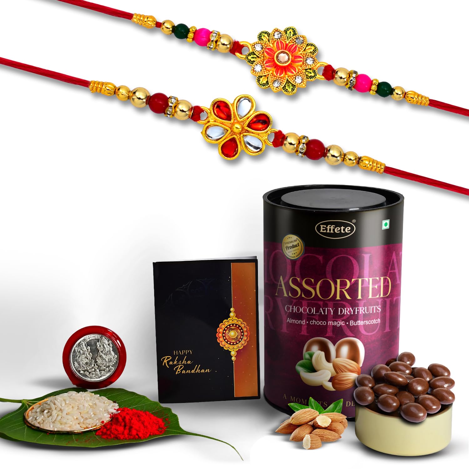 (K2_322+323_AS) Rakhi Combo with Assorted Chocolate Dryfruits 96gm, Rakhi for brother with gift, chocolate gift pack, rakhi with Chocolate Gift Hemper, Fancy Rakhis for men, Set of 2 Rakhi