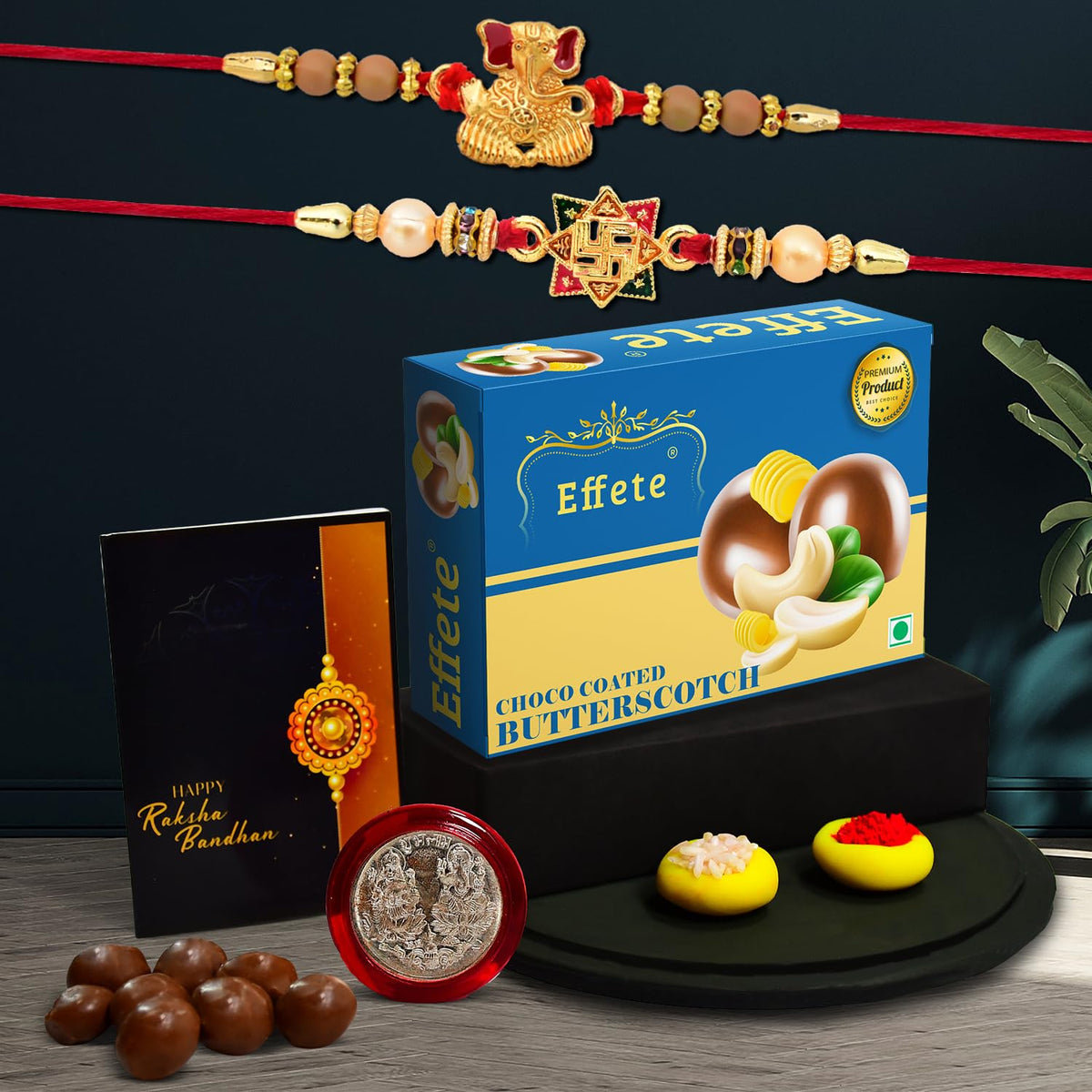 (K2_3+10_BS32) Rakhi Combo with Chocolate Butter Scotch 32gm, Rakhi for brother with gift, chocolate gift pack, rakhi with Chocolate Gift Hemper, Fancy Rakhis for men, Set of 2 Rakhi