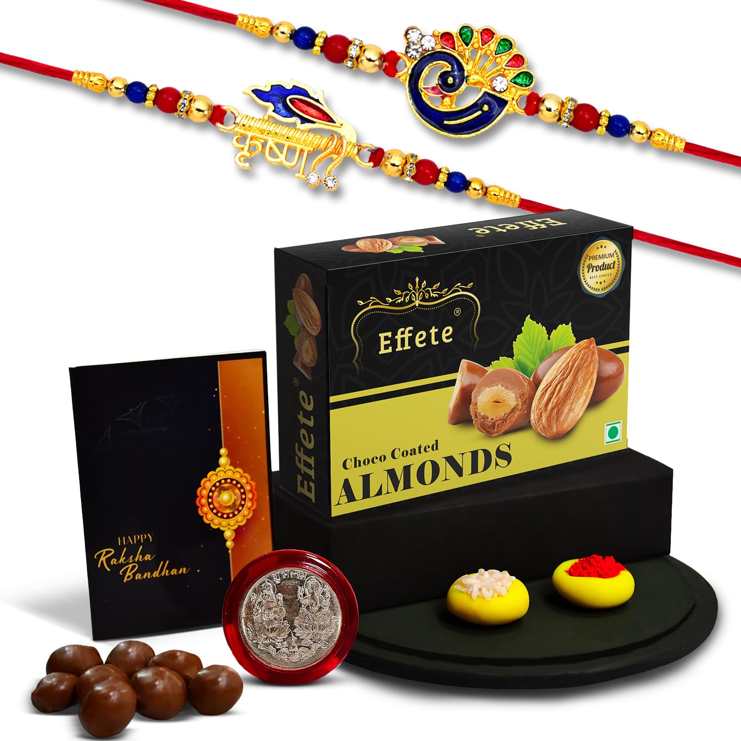 (K2_320+321_CA32) Rakhi with Chocolate Almonds 32gm| Rakhi for brother with gift | handmade rakhi |rakhi combo for brother | stylish rakhi for brother | Set of 2 Rakhi |