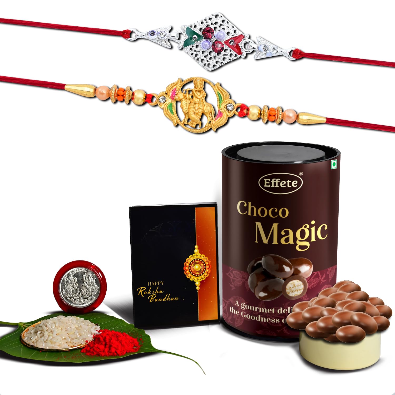 (K2_909+A42_EM) Rakhi Combo with Chocolate Magic, Rakhi & Chocolate for brother, Rakhi with chocolate, rakhi with gift, Rakhi Combo, Set of 2 Rakhi,  Chocolate