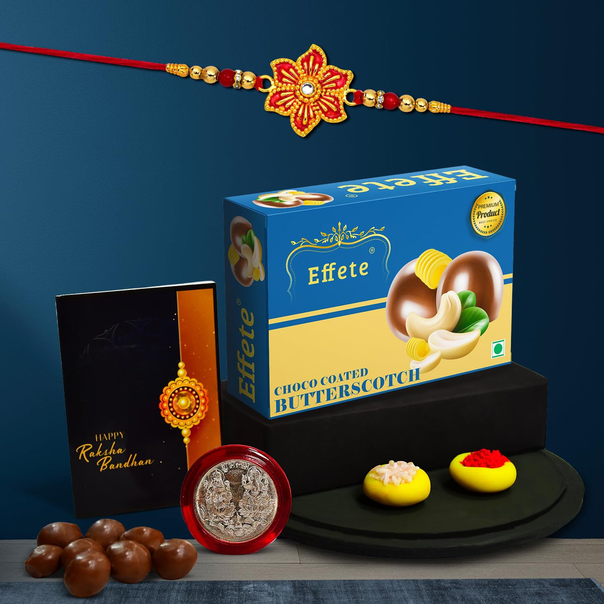 (K1_522_BS32) Rakhi Combo with Chocolate Butter Scotch 32gm, Rakhi for brother with gift, chocolate gift pack, rakhi with Chocolate Gift Hemper, Fancy Rakhis for men, Set of 1 Rakhi