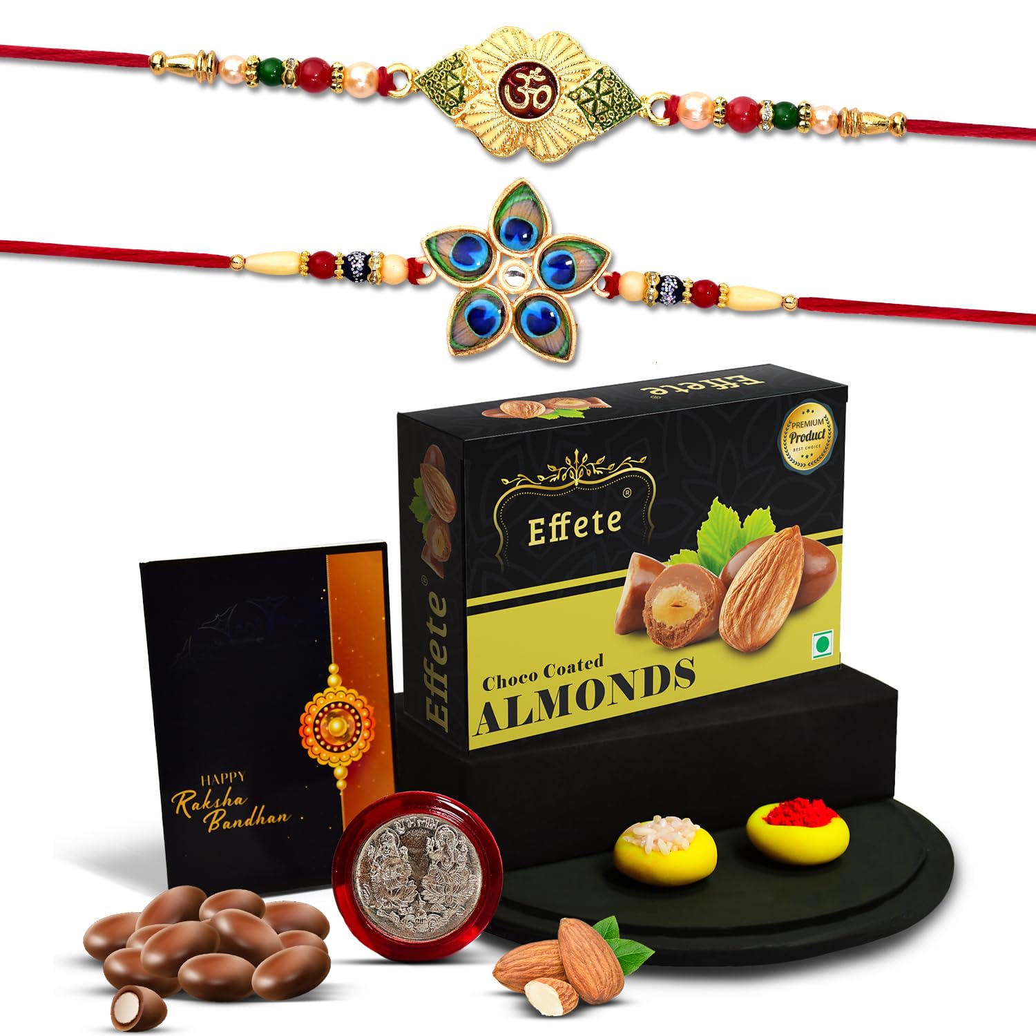(K2_263+266_CA32) Rakhi Combo with Chocolate Almonds 32gm, Rakhi & Chocolate for brother, Rakhi with chocolate, rakhi with gift, Rakhi Combo, Set of 2 Rakhi, Chocolate