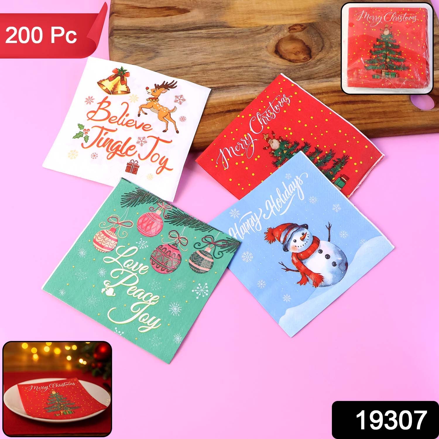 200 Pc Premium Festive Design Paper Napkins 10x10 Inch (26x26 cm)