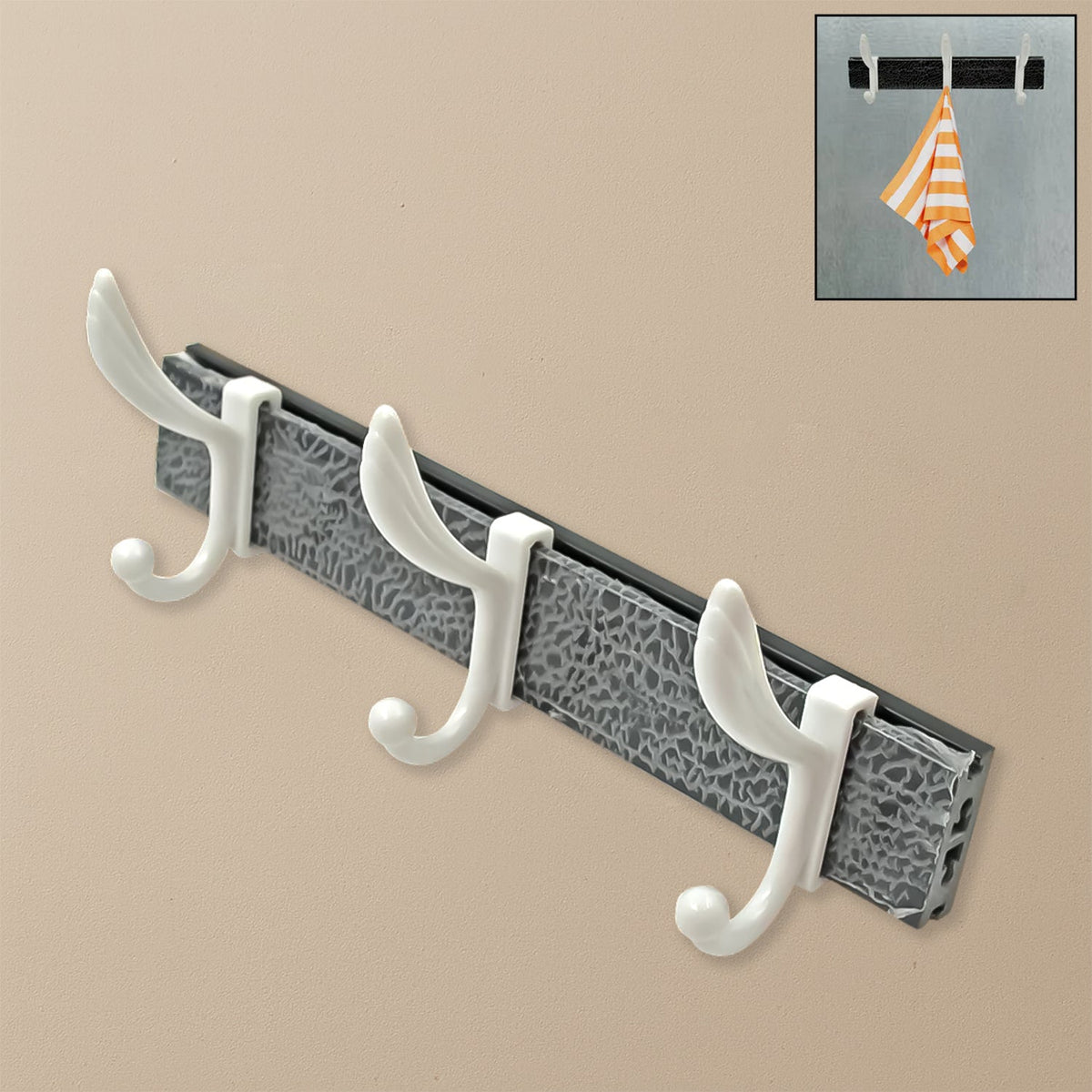 Wall mounted coat rack with 6 metal hooks on wood board holding jackets and hats