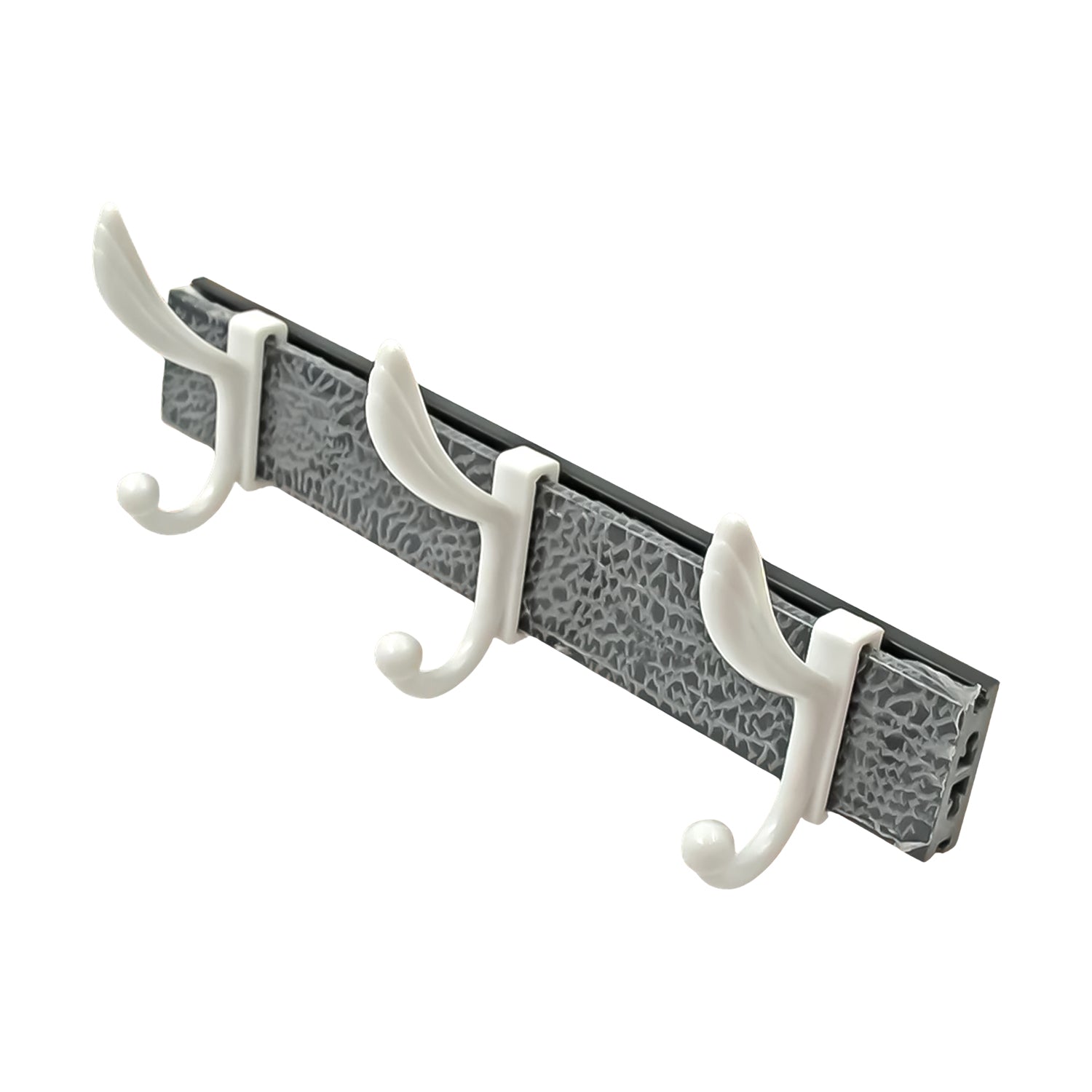 Wall mounted coat rack showing sturdy metal hooks and wooden base