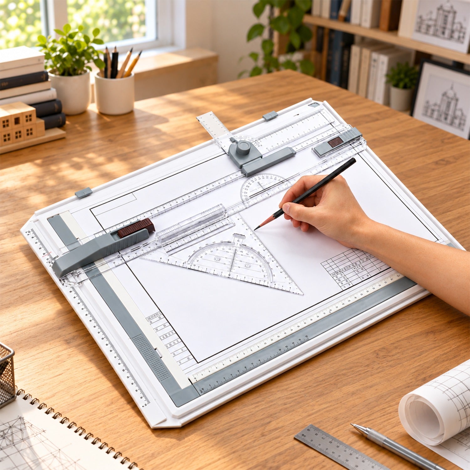 A hand draws on a white A3 drawing board with a pencil, using a clear plastic triangle ruler and protractor.