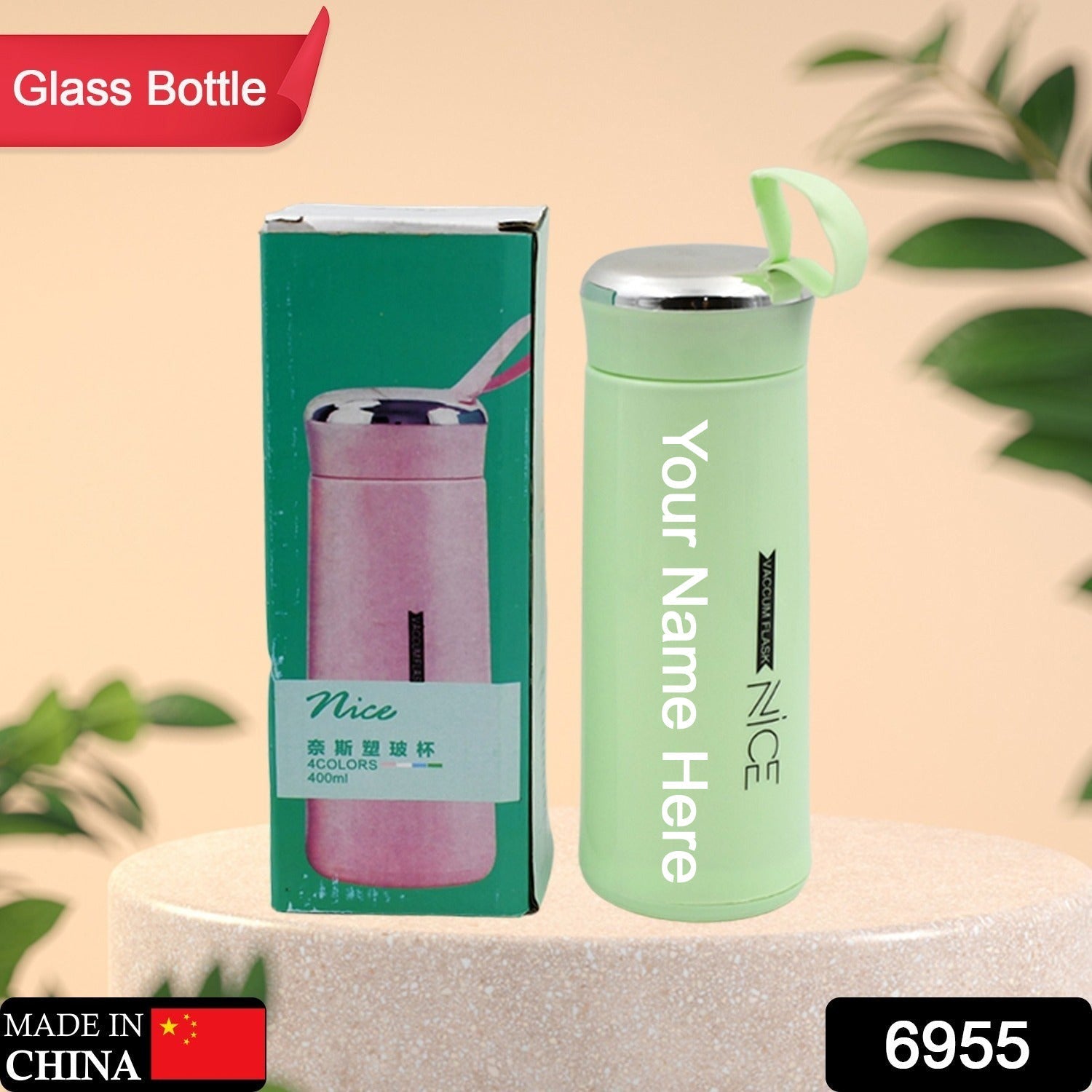 Customize / personalized outdoor sport water bottle 400ml leak proof BPA-free for travel cold and hot water glass water bottle with daily water intake for gym and children, Nice Bottle (1 pc)