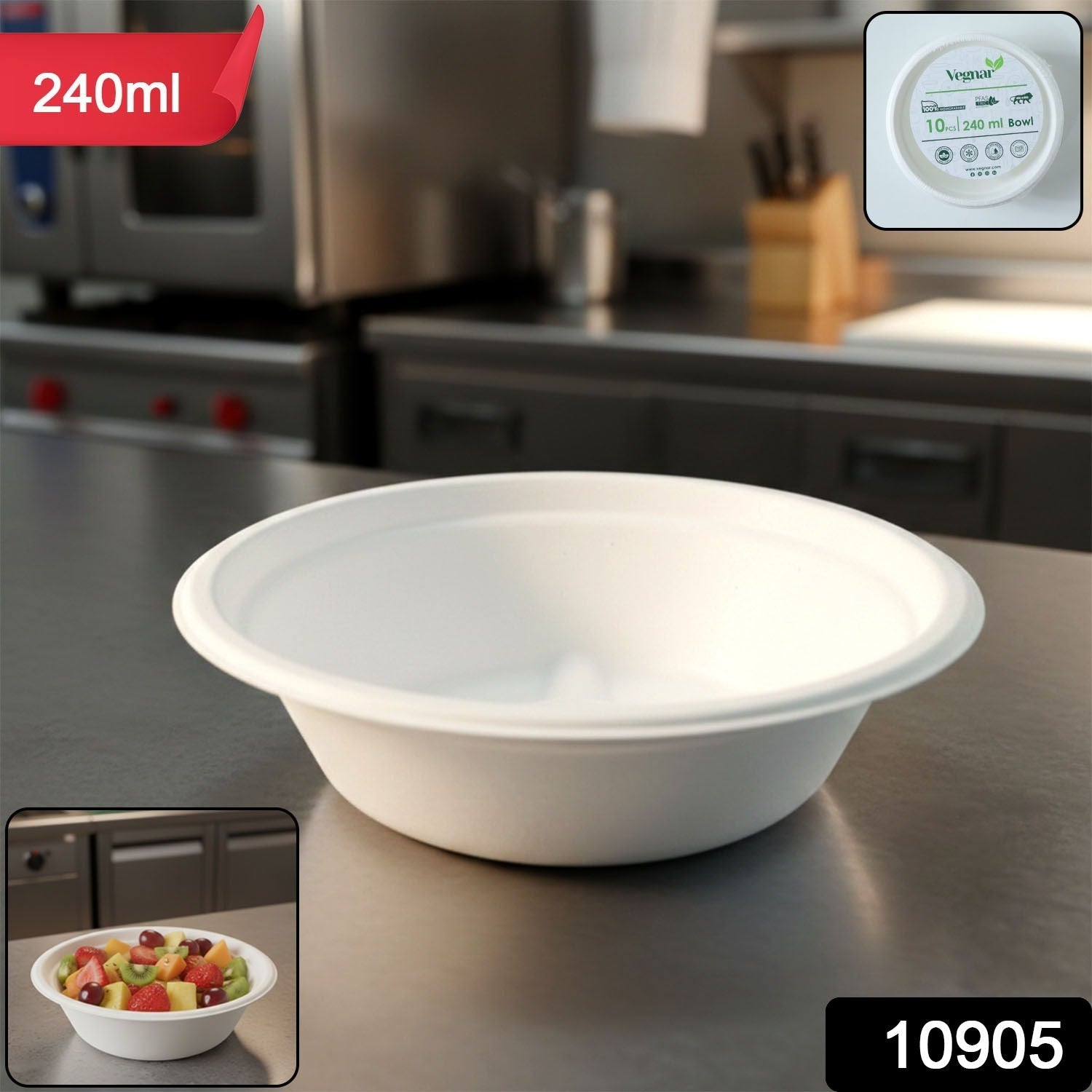 Stack of Vegnar 240ml compostable bagasse bowls