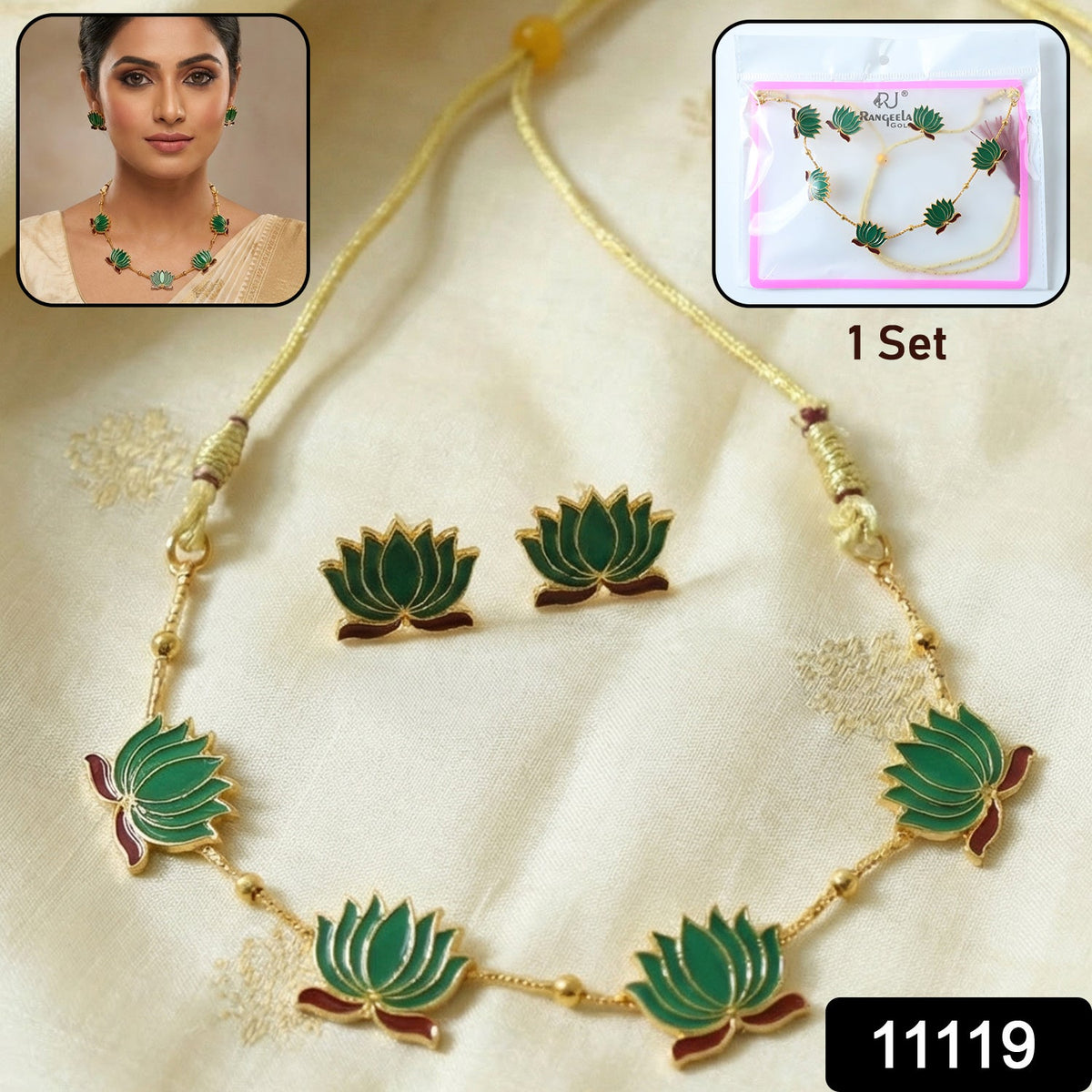 Close-up of Lotus Necklace with Matching Stud Earrings