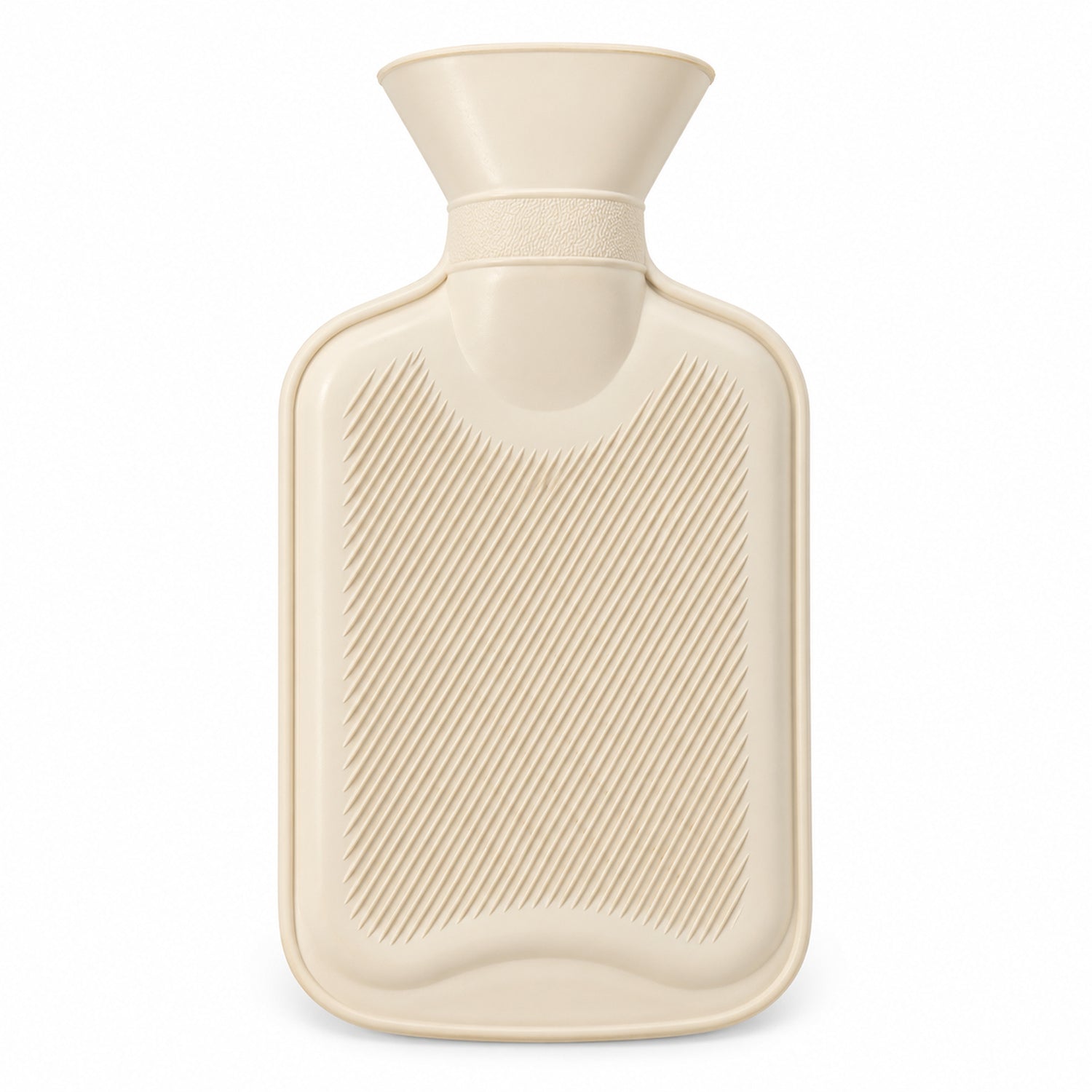 A cream hot water bottle with a ribbed texture on its surface stands upright against a white background.
