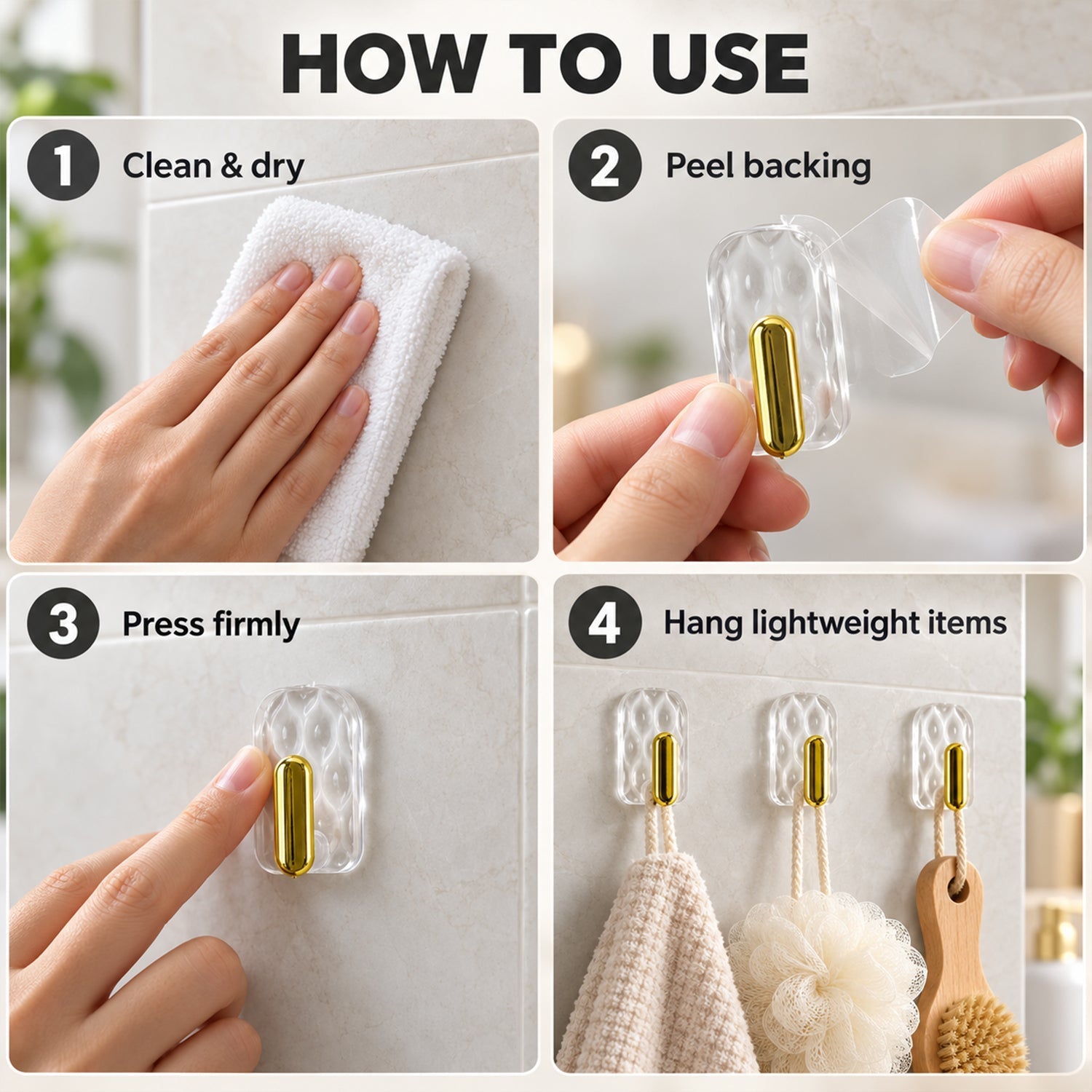 A four-panel graphic showing steps to install clear plastic hooks: cleaning, peeling backing, pressing, and hanging items.