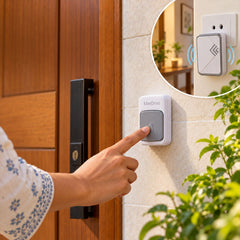 A person's hand presses a gray and white wireless doorbell button mounted on a light-colored wall next to a wooden door.