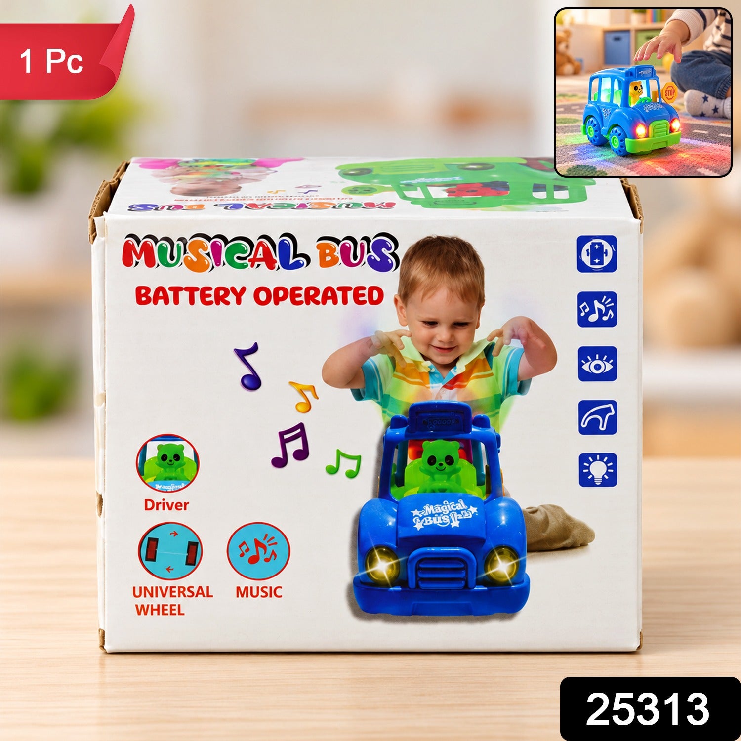 The product box for a blue toy bus features a child playing with it in an inset picture.