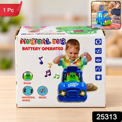 The product box for a blue toy bus features a child playing with it in an inset picture.
