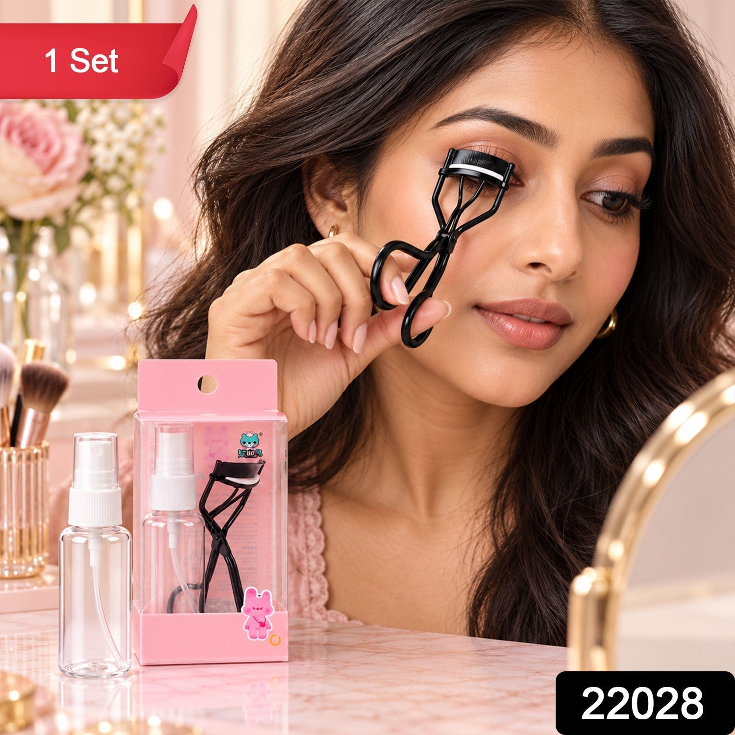 A woman with dark hair using a black eyelash curler, with a clear spray bottle and pink packaged curler set in the