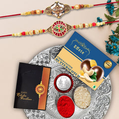 (K2_427+428_DS+BS32) Rakhi Combo with Chocolate Butter Scotch 32gm & Silver Pooja Thali, Pooja Coin & Greeting Card, Rakhi gift set | Rakhi thali | rakhi for brother kids | Rakhi with plate | rakhi hamper for brother | rakhi for brother with