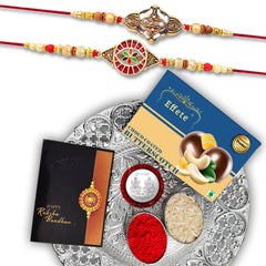 (K2_427+428_DS+BS32) Rakhi Combo with Chocolate Butter Scotch 32gm & Silver Pooja Thali, Pooja Coin & Greeting Card, Rakhi gift set | Rakhi thali | rakhi for brother kids | Rakhi with plate | rakhi hamper for brother | rakhi for brother with