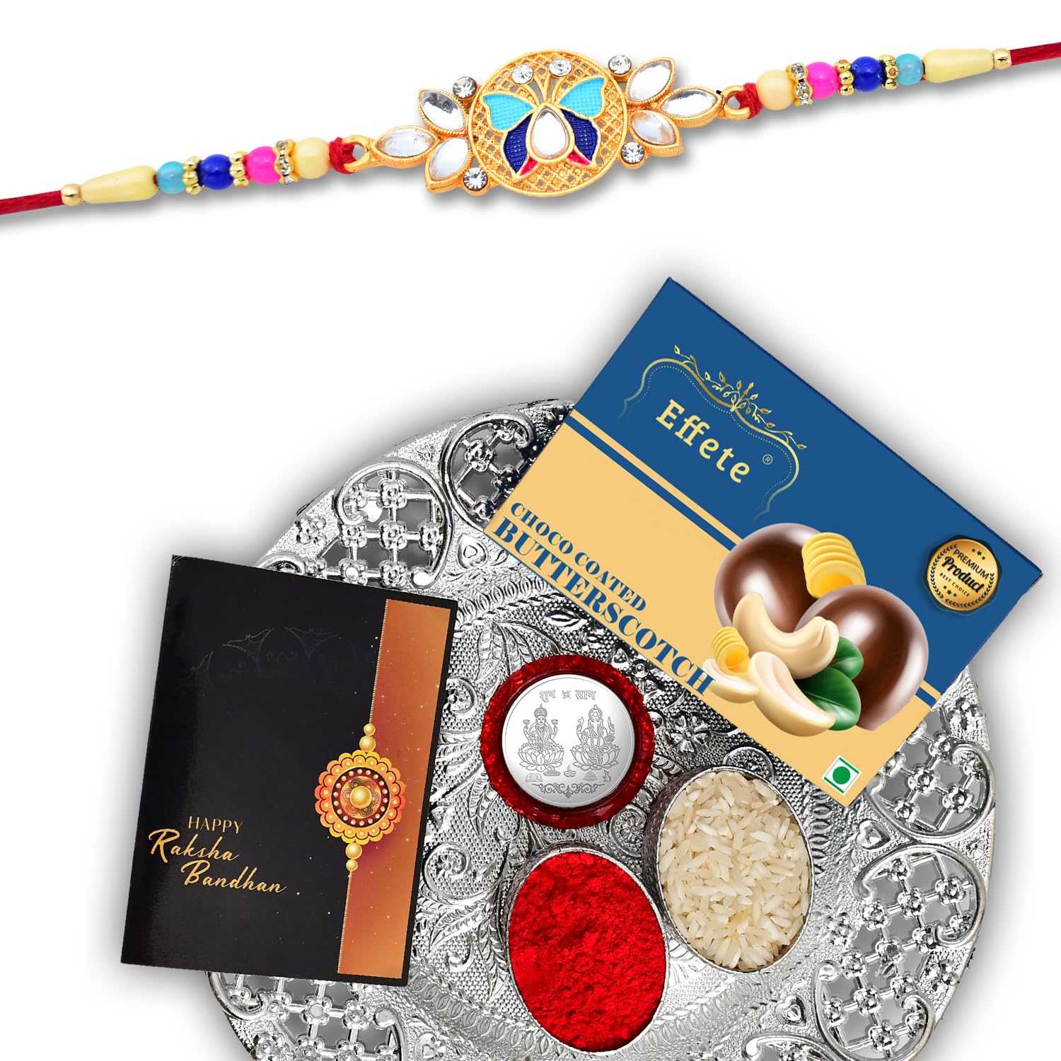 (K1_514_DS+BS32) Rakhi Combo with Chocolate Butter Scotch 32gm & Silver Pooja Thali, Pooja Coin & Greeting Card, Rakhi thali | Rakhi gift set | rakhi thali set | rakhi with chocolate | Rakhi with plate | rakhi hamper for brother | rakhi with