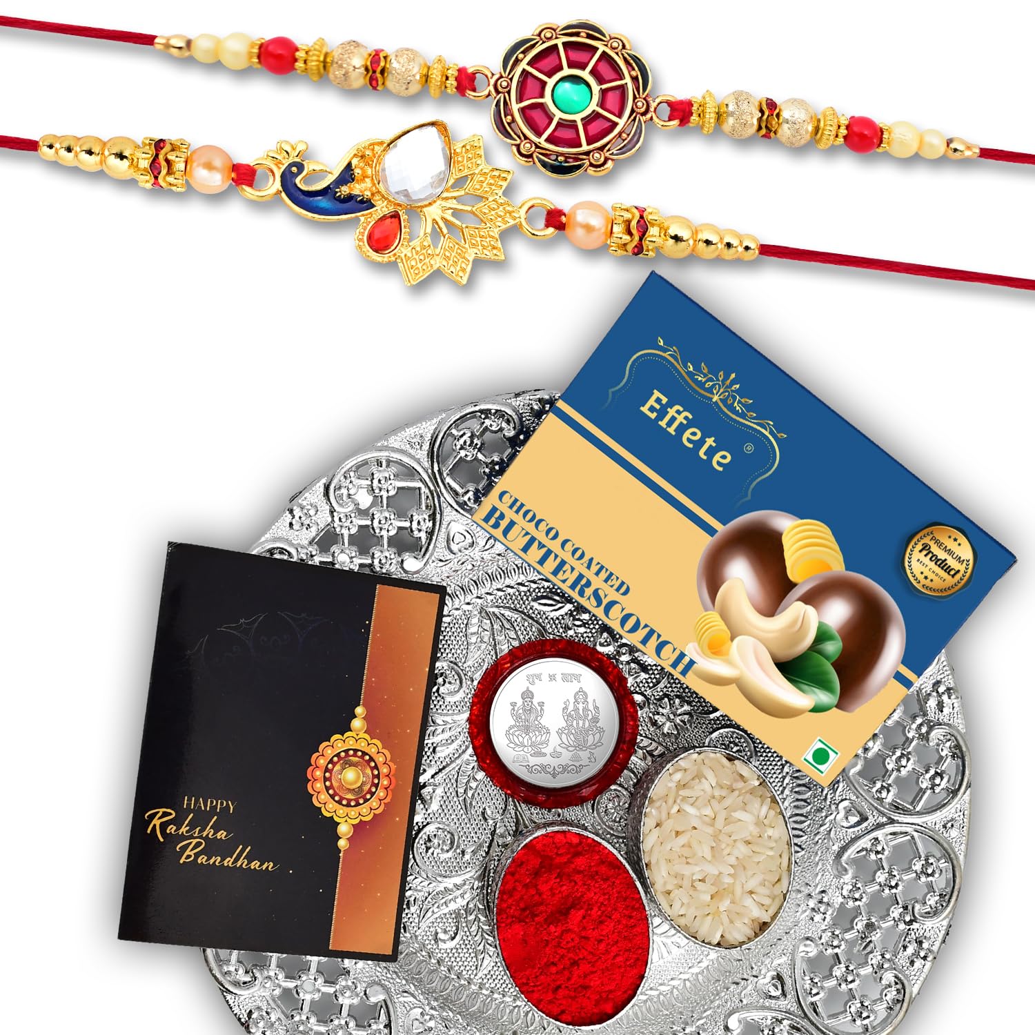(K2_414+415_DS+BS32) Rakhi Combo with Chocolate Butter Scotch 32gm & Silver Pooja Thali, Pooja Coin & Greeting Card, Rakhi thali | Rakhi gift set | rakhi for brother kids | rakhi thali set | Rakhi with plate | rakhi hamper for brother | rakh