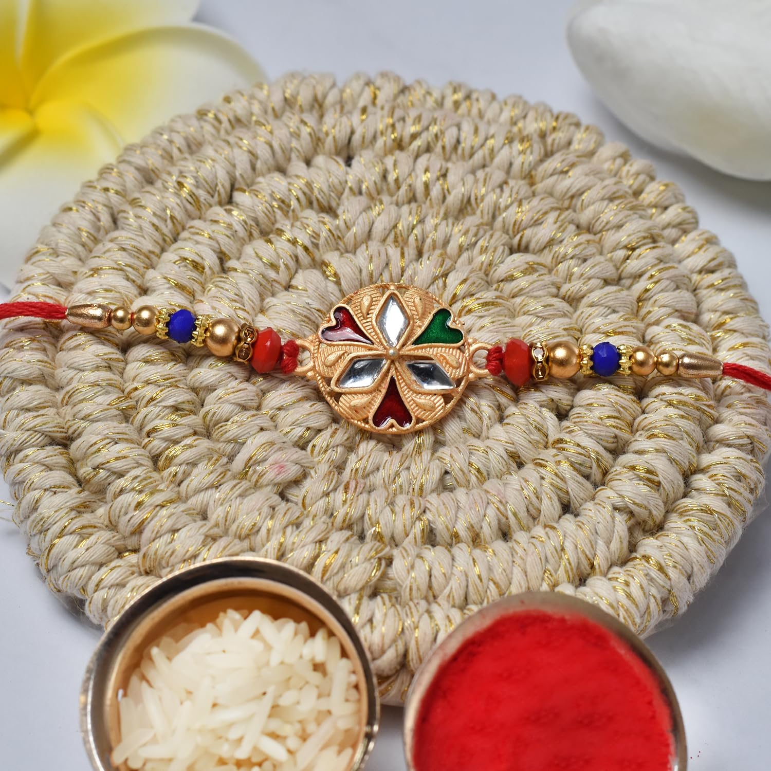 (K2_125+126_Bs32) Multicolor Rakhi Chocolate Butter Scotch 32Gm, Silver Color Pooja Coin, Roli Chawal & Greeting Card, Rakhi Combo Brother, Stylish Rakhi Brother, Set Of 2 Rakhi