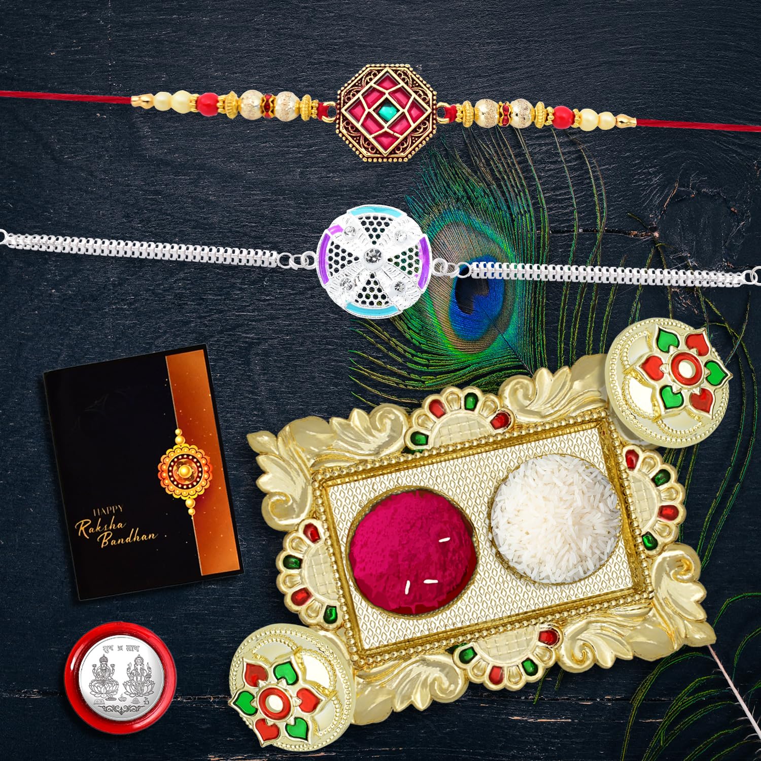 (K2_C7+420_Aa1) Rakhi With Pooja Coin, Gold Color Pooja Thali / Tilak Set & Greeting Card Rakhi Thali, Rakhi For Brother Kids, Bhaiya Bhabhi Rakhi, Rakhi Set Of 2