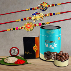 (K3_320+321+322_CM) Rakhi Combo with Chocolate Magic | Rakhi for brother with gift | chocolate gift pack |rakhi with Chocolate Gift Hemper | Fancy Rakhi for men | Set of 3 |
