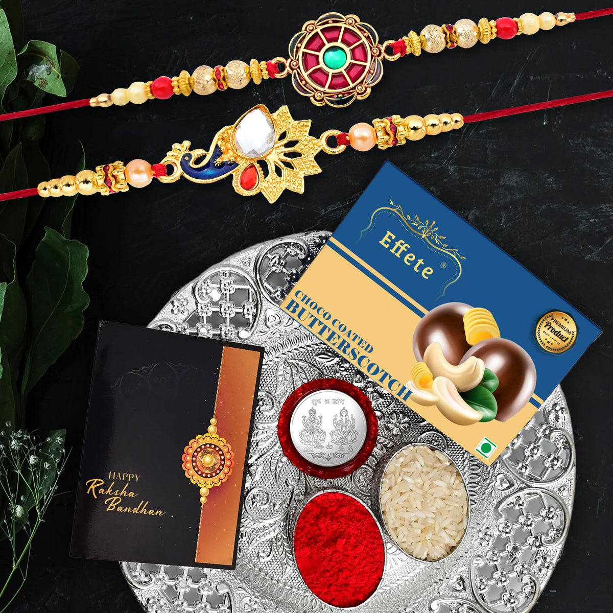 (K2_414+415_DS+BS32) Rakhi Combo with Chocolate Butter Scotch 32gm & Silver Pooja Thali, Pooja Coin & Greeting Card, Rakhi thali | Rakhi gift set | rakhi for brother kids | rakhi thali set | Rakhi with plate | rakhi hamper for brother | rakh