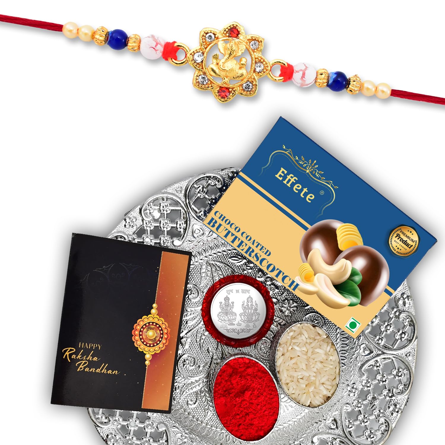 (K1_14_DS+BS32) Rakhi Combo with Chocolate Butter Scotch 32gm & Silver Pooja Thali, Pooja Coin & Greeting Card, Rakhi gift set | Rakhi thali | rakhi for brother kids | Rakhi with plate | rakhi hamper for brother | rakhi for brother with choc