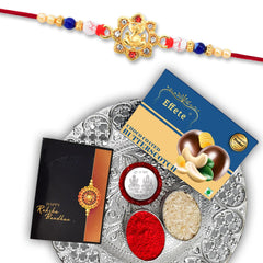 (K1_14_DS+BS32) Rakhi Combo with Chocolate Butter Scotch 32gm & Silver Pooja Thali, Pooja Coin & Greeting Card, Rakhi gift set | Rakhi thali | rakhi for brother kids | Rakhi with plate | rakhi hamper for brother | rakhi for brother with choc