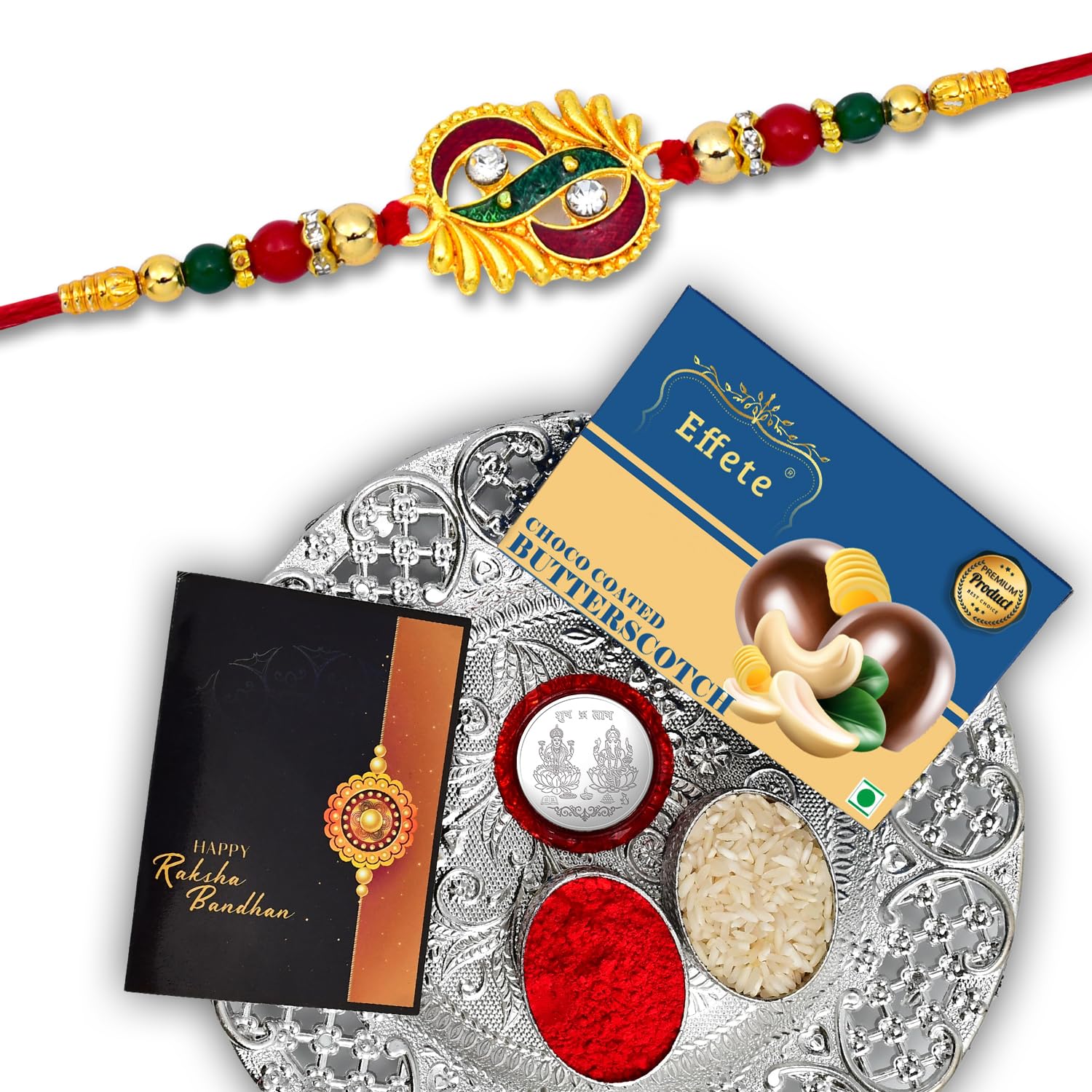 (K2_316+317_DS+BS32) Rakhi Combo with Chocolate Butter Scotch 32gm & Silver Pooja Thali, Pooja Coin & Greeting Card, Rakhi thali | Rakhi gift set | rakhi for brother kids | rakhi thali set | Rakhi with plate | rakhi hamper for brother | rakh